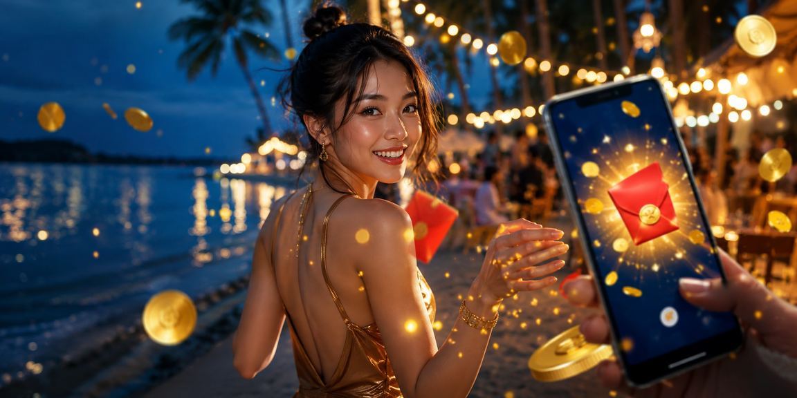 Người dùng tại Phú Quốc nhận thưởng phong bao đỏ qua ứng dụng di động bên bờ biển